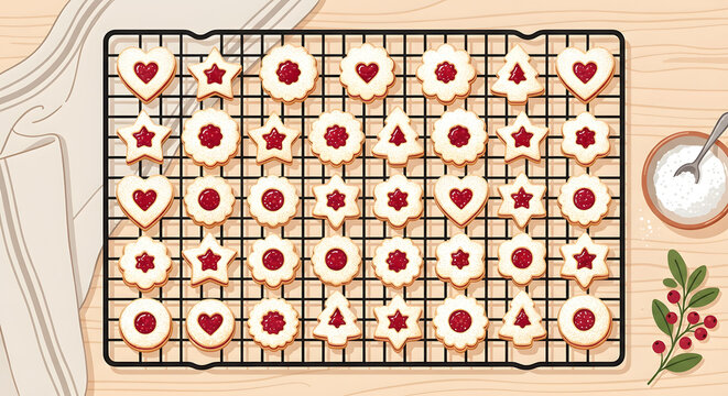 Assorted Linzer cookies with red jam on a cooling rack