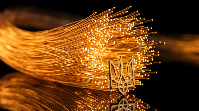 Golden Ukrainian Tryzub emblem resting near glowing fiber optic cables.