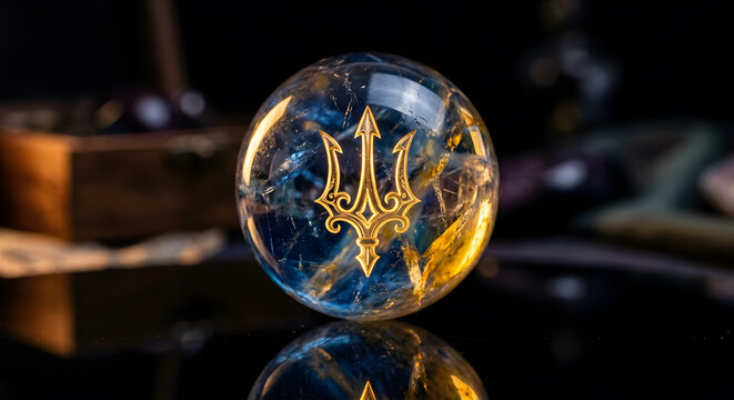 Crystal sphere with a golden Ukrainian Tryzub symbol inside.