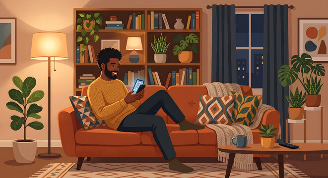 Man relaxing on a couch using a smartphone in a cozy living room