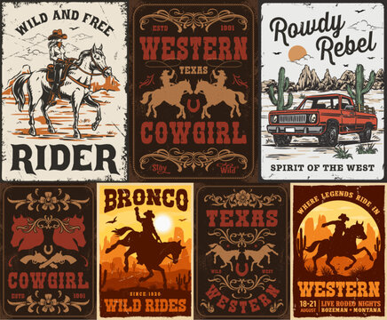 Western themed posters with cowboys and horses