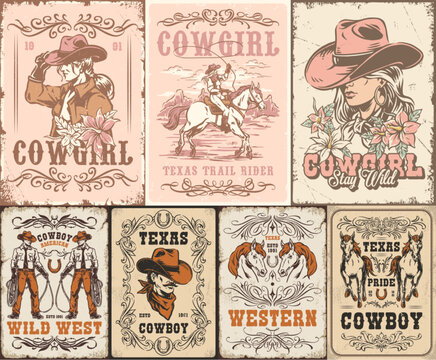 Vintage western-themed posters featuring cowgirls
