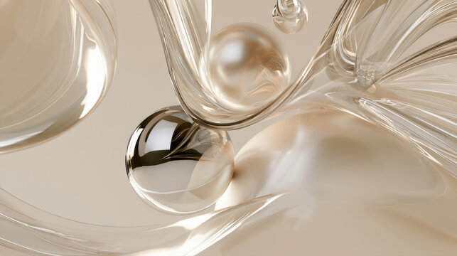 abstract 3d render of flowing glass liquid and smooth metallic spheres with reflective surfaces in elegant beige tones creating a luxurious futuristic background and modern minimalist art composition