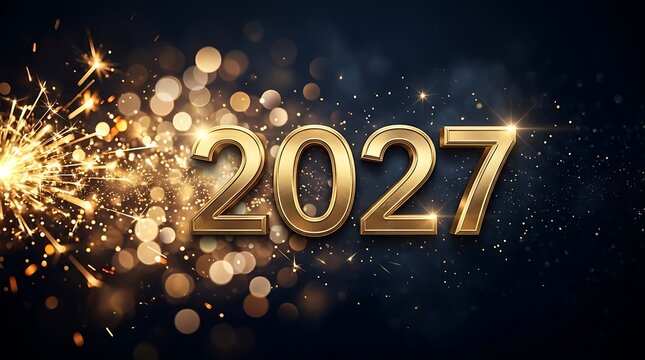 Gold 2027 numbers on dark festive background with sparkling lights for new year celebration and holiday web banner