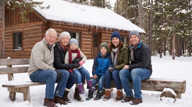 Happy multi generational family enjoying a winter day outside a cozy log cabin