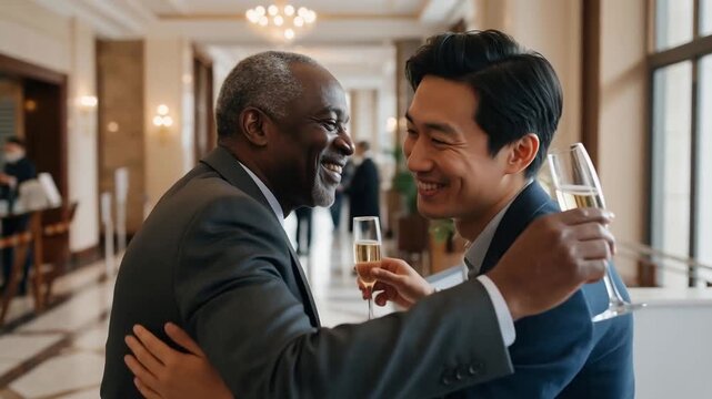 Clinking and embracing partners in suits after cheers at lobby, holding bubbly flutes by flowers
