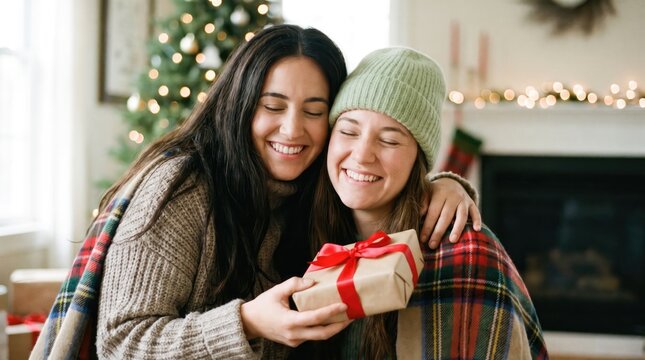 Two joyful women exchanging a gift with a decorated christmas tree in the background