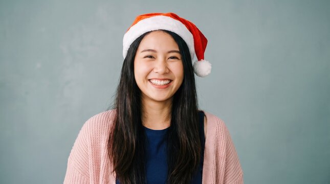 Smiling young woman wearing a santa hat looks directly at the camera with a cheerful expression