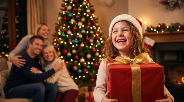 Joyful family celebrating christmas together with presents and a beautifully decorated tree