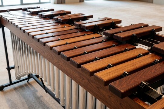 Closeup of rosewood marimba musical instrument. Wooden bars, metal resonators on black stand in music studio. Percussion mallet instrument for orchestra band performance. Pro acoustic percussion