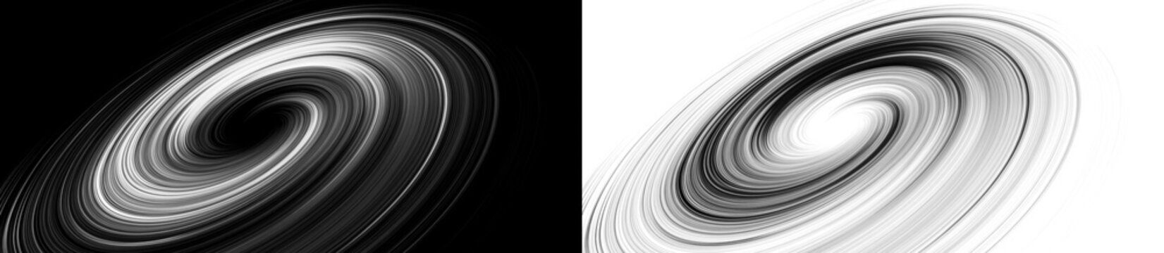 Elliptical spiral background with negative inversion effect. Monochrome black and white vortex texture. Intense radial motion lines for digital overlay. Monochrome radial lines