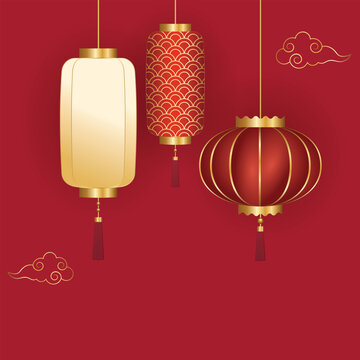Chinese lantern background in red and gold with central copyspace. Perfect for festive advertising, website headers, and social media posts.