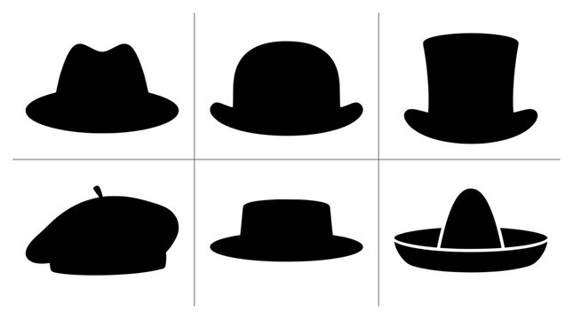 Hats silhouettes set with fedora, bowler, top hat, beret, boater and sombrero for fashion and costume