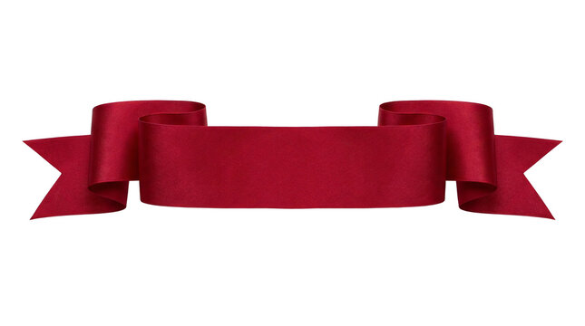 Elegant red satin ribbon banner curled neatly with pointed tails displayed on transparent background