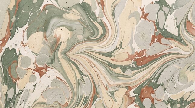Artisan marbled paper surface with swirling green beige and terracotta paint patterns