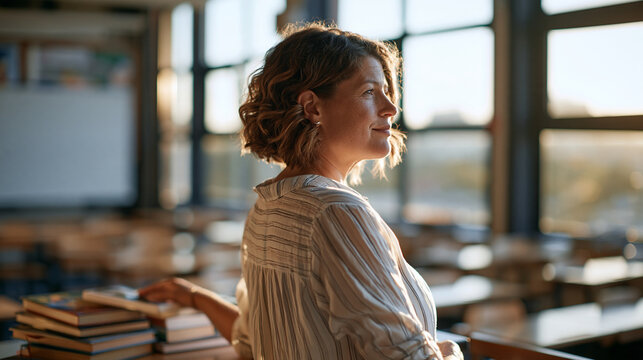 Rear three quarter view of a thoughtful caucasian woman standing by a window in a serene empty classroom hand resting on a stack of books on the teacher desk rows of wooden desks and