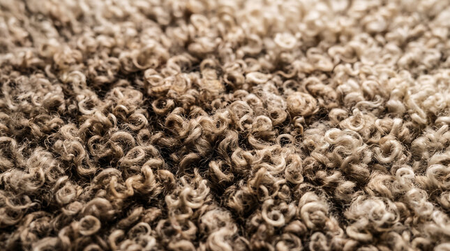 Curly brown sheep wool texture, natural beige fleece background, soft organic wool fiber close-up, rustic textile material