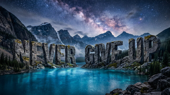 large bold typography reading never give up integrated into a deep night mountain landscape glowing deep lake starry sky cinematic lighting realistic nature photography highly detailed