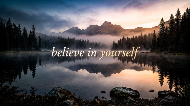 photo real serene mountain lake reflecting twilight sky calm water deep morning fog tall pine trees typography overlay text believe in yourself glowing soft light inspiring scene
