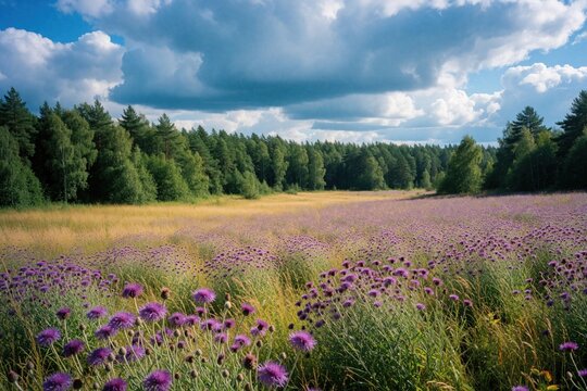 Purple greater knapweed flowers bloom in summer meadow. Wildflowers grow in large field under blue cloudy sky. Dense green forest background in Southern Urals. Scenic nature landscape with colorful