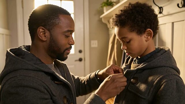 Reaching father fastening child's toggle duffle coat at home entryway, readying child for outing