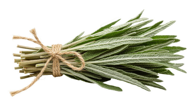 Bundle of fresh green sage leaves tied with rustic twine, isolated on transparent background