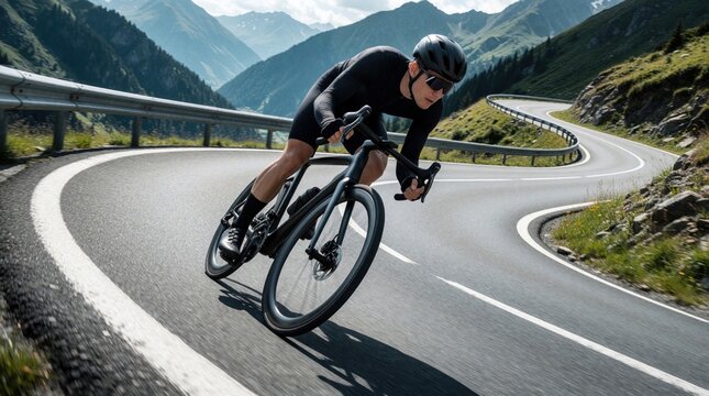 Pro male cyclist rides racing bike fast on winding mountain road. Athlete wears black aero gear, helmet during high speed descent. Cyclist leans into sharp curve on asphalt road for endurance
