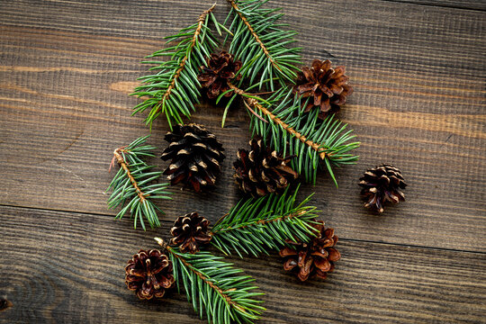 Spruce branch and pinecone pattern on wooden background top view copyspace