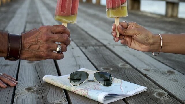 Lifting two hands toasting popsicles on pier over map cheering trip plans with ring and sunglasses