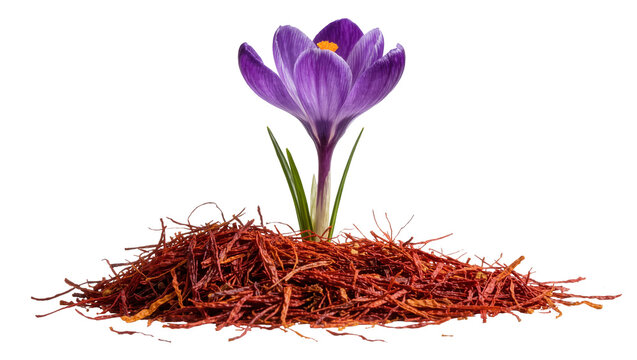 Purple crocus flower with pile of red saffron threads, isolated on transparent background