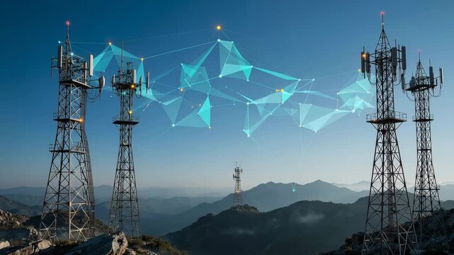 Telecommunication towers with digital network animation on mountain peak at dusk