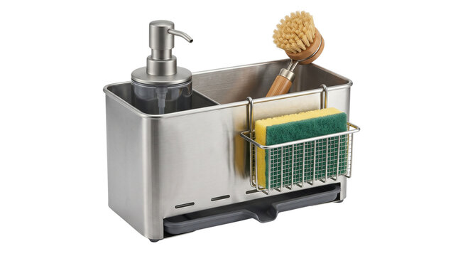 Stainless steel kitchen sink caddy with soap dispenser and sponge holder, modern dishwashing organizer, functional countertop storage for cleaning isolated PNG with Transparent Background