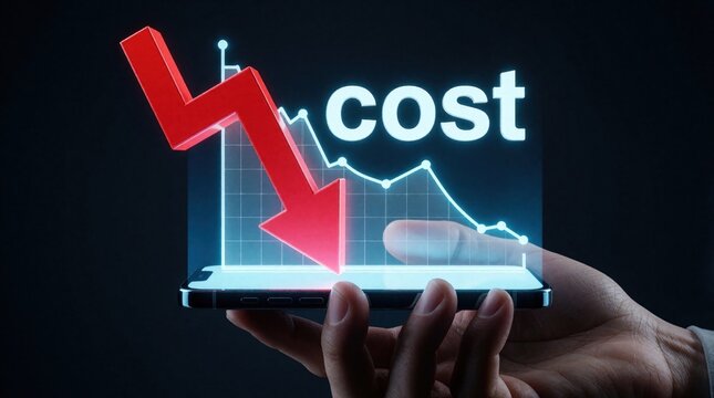 Human hand holds smartphone with holographic display. Red arrow points down on digital screen with cost word, financial line graph. Concept of budget reduction, price drop, decreasing expenses,
