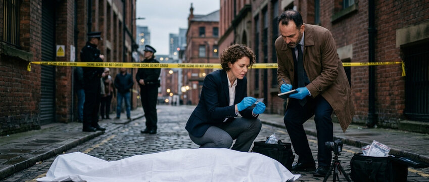 Detectives investigate crime scene with body covered by sheet and police tape in urban alley