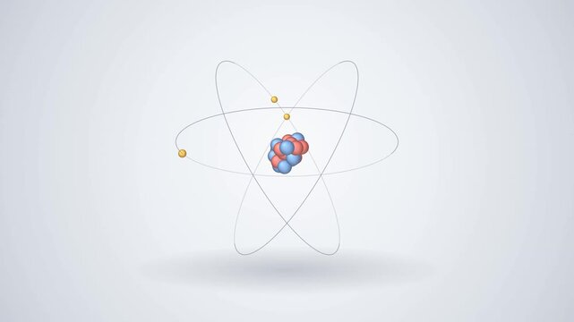 Atomic structure with orbiting electrons and nucleus showing protons and neutrons in a scientific illustration