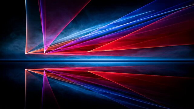 Blue, purple, and red beams move and change shape across a dark background, forming sharp geometric patterns that shift over time.