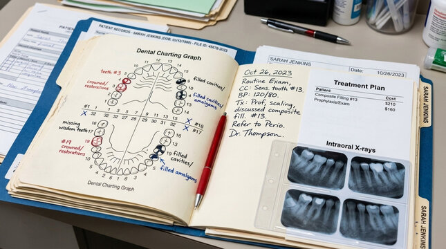 Dentists patient chart with dental graph notes and X rays