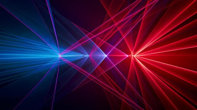 Blue, purple, and red beams move and change shape across a dark background, forming sharp geometric patterns that shift over time.