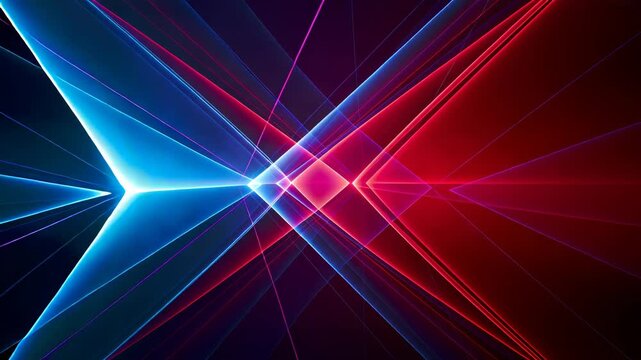 Blue, purple, and red beams move and change shape across a dark background, forming sharp geometric patterns that shift over time.