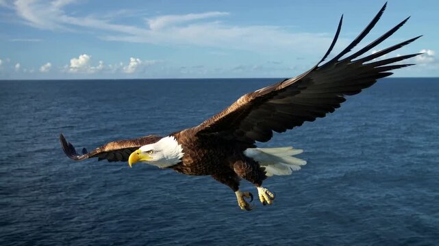 American Bald Eagle Soaring Above Blue Ocean Waves