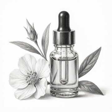 Hand drawn botanical illustration of glass essential oil dropper bottle with blooming flower, green leaves. Detailed monochrome pencil sketch for organic skincare branding, aromatherapy product