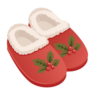 Holly Slippers pair red house shoes with soft cream cuffs and green leaf embroidery. Berry accents suit Christmas gift guides and winter home cards.