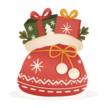 Santa Sack bulges with wrapped presents and green sprigs above a red patterned base. A golden drawstring and snowflakes suit Christmas gift cards.