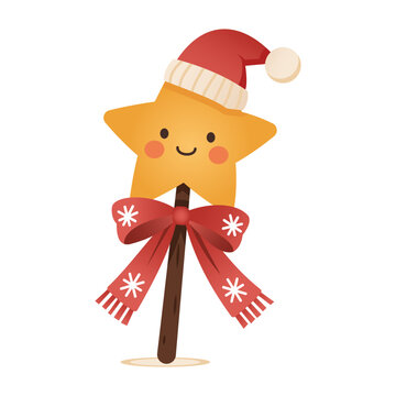 Star Wand has a smiling gold star beneath a Santa hat above a ribbon tied around its stem. Long bow tails suit Christmas party cards and gift tags.