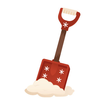 Snow Shovel has a wooden shaft, red grip and a broad scoop resting in snow. A white snowflake on the blade suits winter chores and outdoor cards.