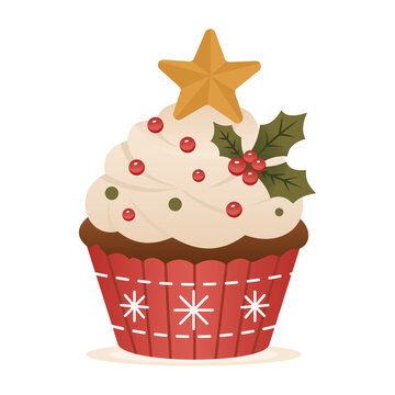 Star Topped Cupcake has cream frosting dotted with red sprinkles beneath a topper. A red snowflake wrapper suits Christmas bakery menus and labels.
