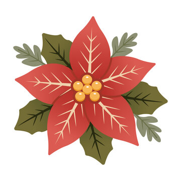 Poinsettia spreads pointed red petals around golden dots above layered green leaves. Pale veins suit Christmas botanical cards and seasonal gift wrap.