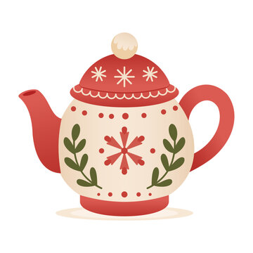 Floral Teapot has a cream body painted with red flowers and green leaves beneath a red lid. Its handle and spout suit Christmas tea menus and cards.