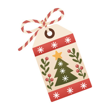 Gift Tag has a border around green firs with a striped string tied through its top. White star details suit Christmas presents and packaging labels.