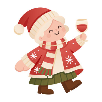 Mrs Claus Toast raises a gold drink while walking in a red coat and green skirt. Her striped scarf and Santa cap suit Christmas party invitations.